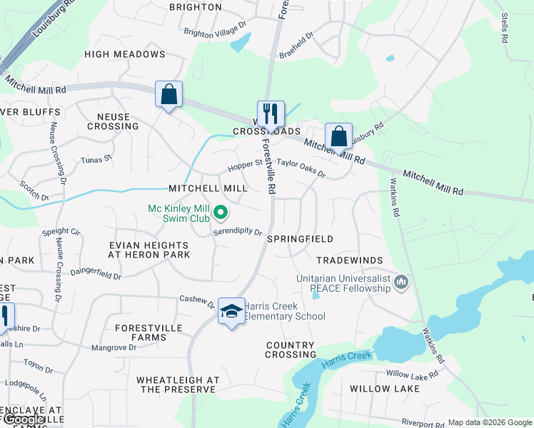 map of restaurants, bars, coffee shops, grocery stores, and more near 3632 Hamilton Mill Drive in Raleigh
