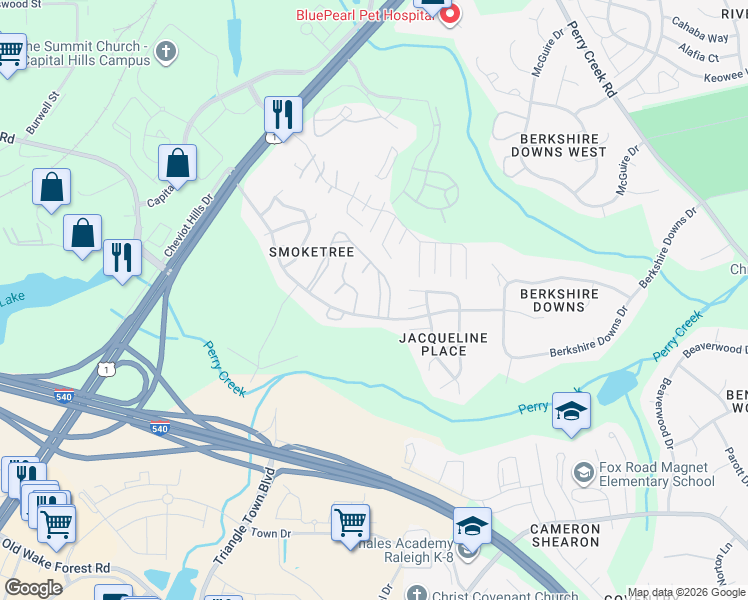 map of restaurants, bars, coffee shops, grocery stores, and more near 4836 Draper Rd in Raleigh