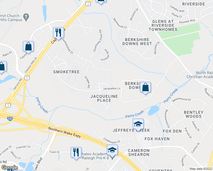 map of restaurants, bars, coffee shops, grocery stores, and more near 4409 Archibald Way in Raleigh