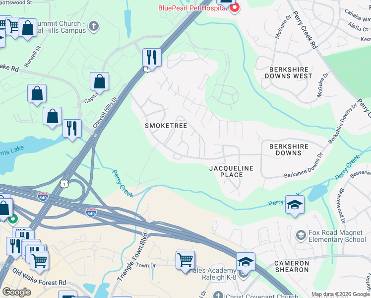 map of restaurants, bars, coffee shops, grocery stores, and more near 4644 Jacqueline Lane in Raleigh