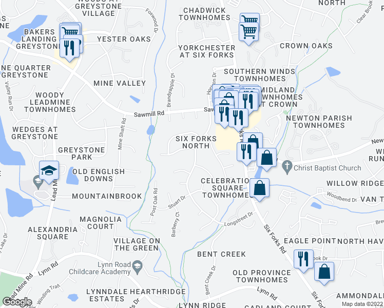 map of restaurants, bars, coffee shops, grocery stores, and more near 7513 Longstreet Drive in Raleigh