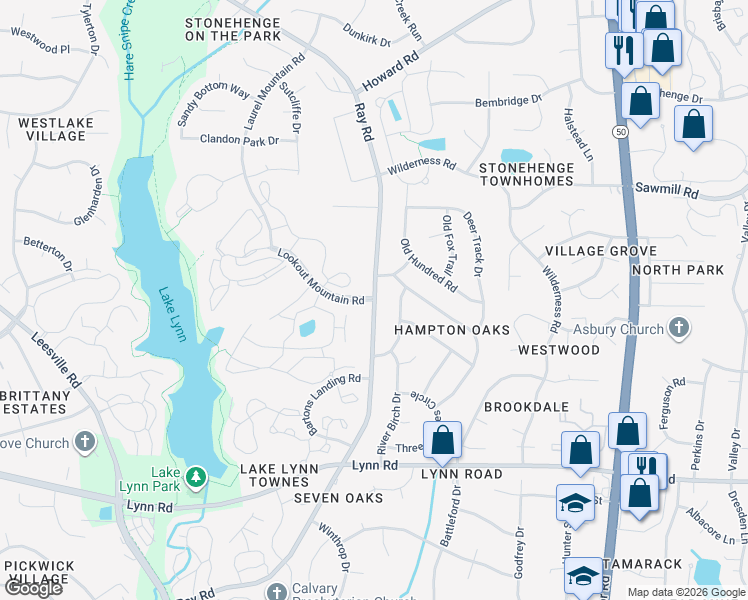 map of restaurants, bars, coffee shops, grocery stores, and more near Ray Rd & Lookout Mountain Rd in Raleigh