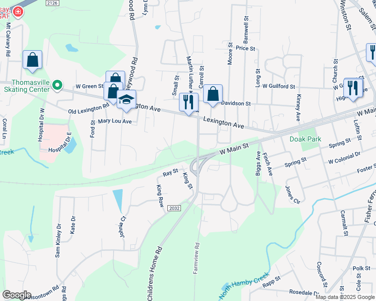 map of restaurants, bars, coffee shops, grocery stores, and more near 702 Railroad Street in Thomasville