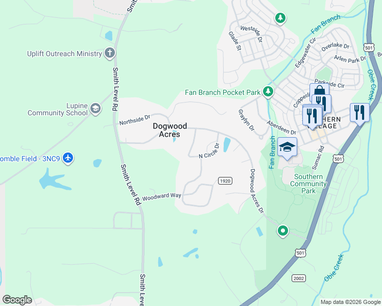 map of restaurants, bars, coffee shops, grocery stores, and more near 34 North Circle Drive in Pittsboro