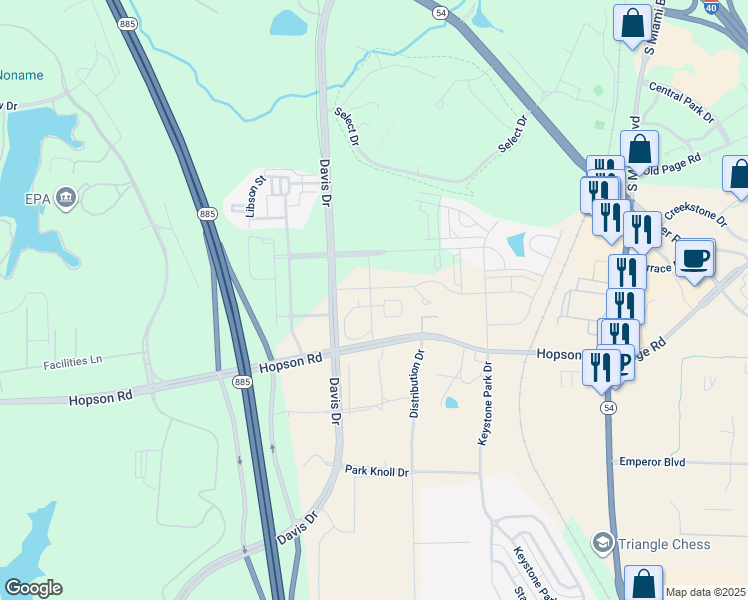 map of restaurants, bars, coffee shops, grocery stores, and more near 4407 Hopson Road in Morrisville