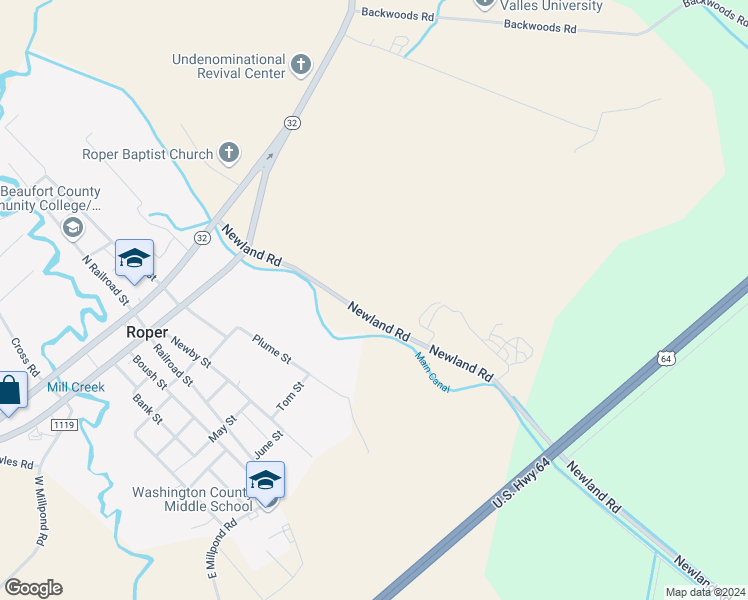 map of restaurants, bars, coffee shops, grocery stores, and more near U.S. Highway 64 in Roper