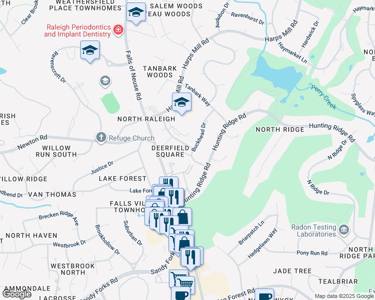 map of restaurants, bars, coffee shops, grocery stores, and more near 6905 Staghorn Lane in Raleigh