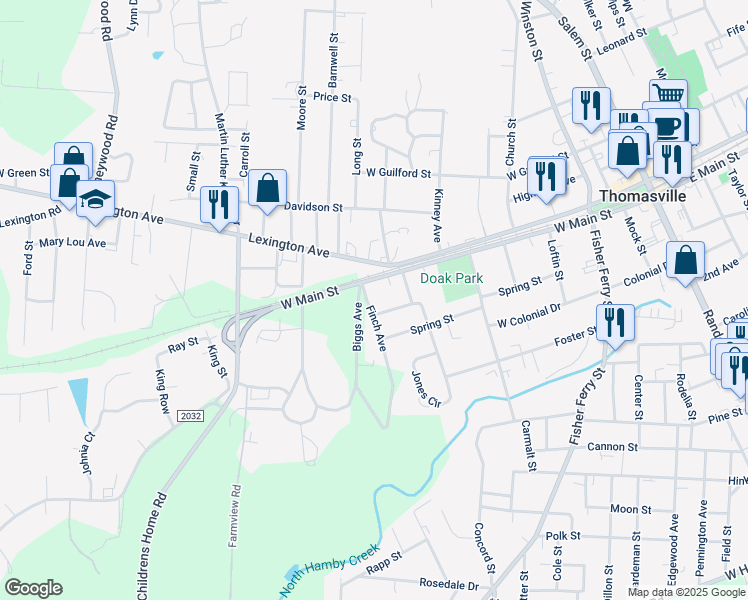 map of restaurants, bars, coffee shops, grocery stores, and more near 7 Finch Avenue in Thomasville