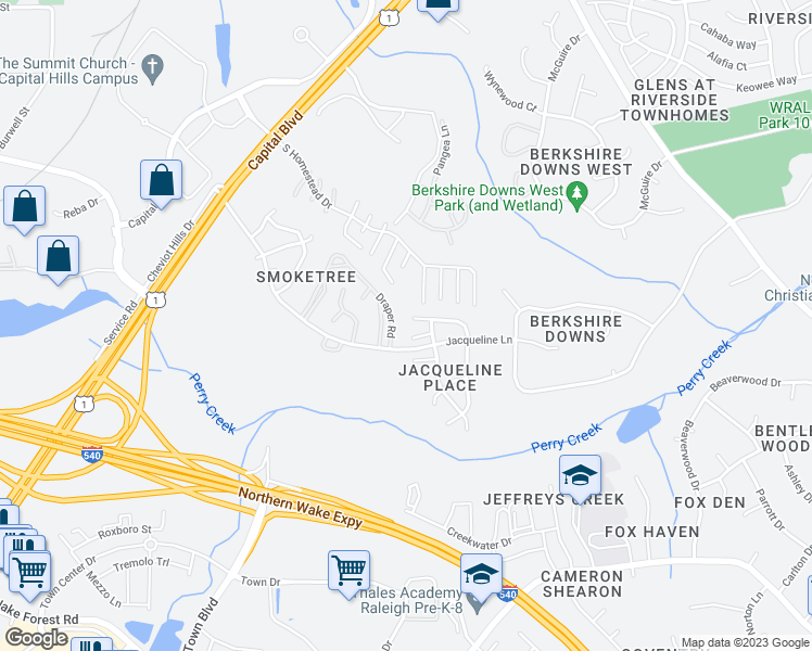 map of restaurants, bars, coffee shops, grocery stores, and more near 4517 Archibald Way in Raleigh