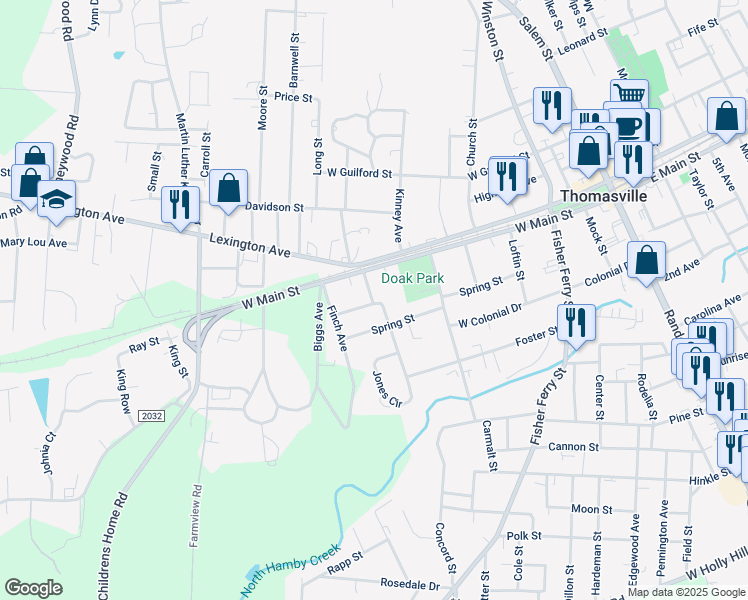 map of restaurants, bars, coffee shops, grocery stores, and more near 13 Jones Avenue in Thomasville