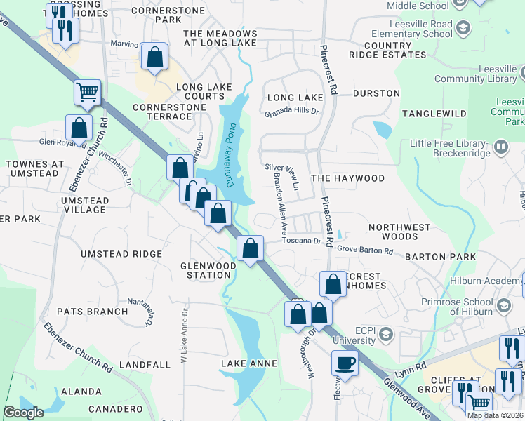 map of restaurants, bars, coffee shops, grocery stores, and more near 5528 Berry Creek Circle in Raleigh