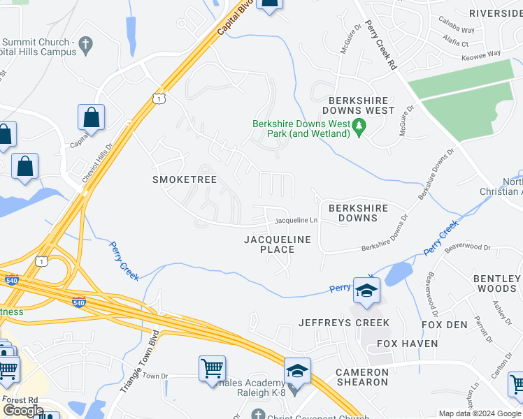 map of restaurants, bars, coffee shops, grocery stores, and more near 4509 Wolftrap Road in Raleigh