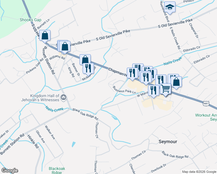 map of restaurants, bars, coffee shops, grocery stores, and more near 105 Creekwood Way in Seymour