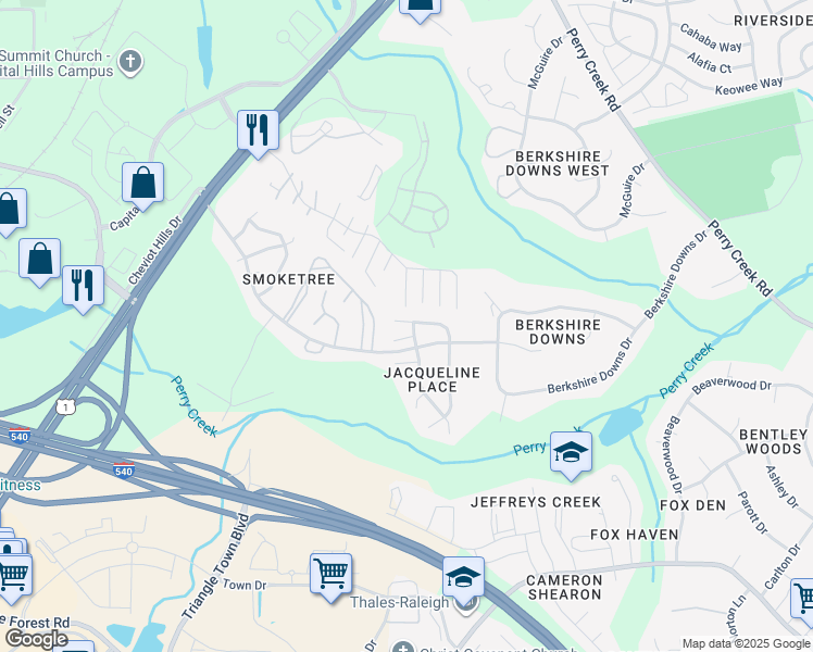 map of restaurants, bars, coffee shops, grocery stores, and more near 4808 Hallam Way in Raleigh