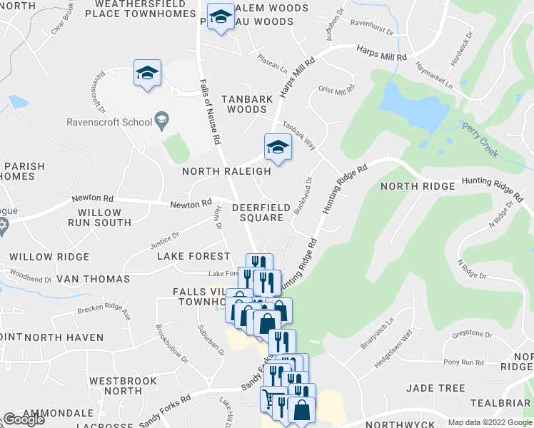 map of restaurants, bars, coffee shops, grocery stores, and more near 1011 Fox Hunt Lane in Raleigh