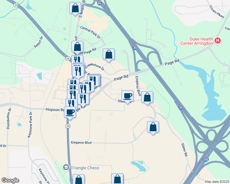 map of restaurants, bars, coffee shops, grocery stores, and more near 5321 Page Road in Durham