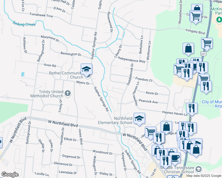 map of restaurants, bars, coffee shops, grocery stores, and more near 684-1502 Sulphur Springs Road in Murfreesboro