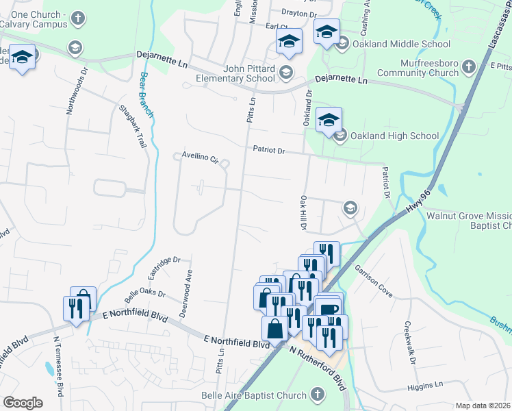 map of restaurants, bars, coffee shops, grocery stores, and more near 2404 Pitts Lane in Murfreesboro