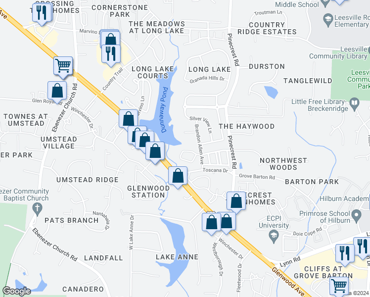 map of restaurants, bars, coffee shops, grocery stores, and more near 5532 Berry Creek Circle in Raleigh