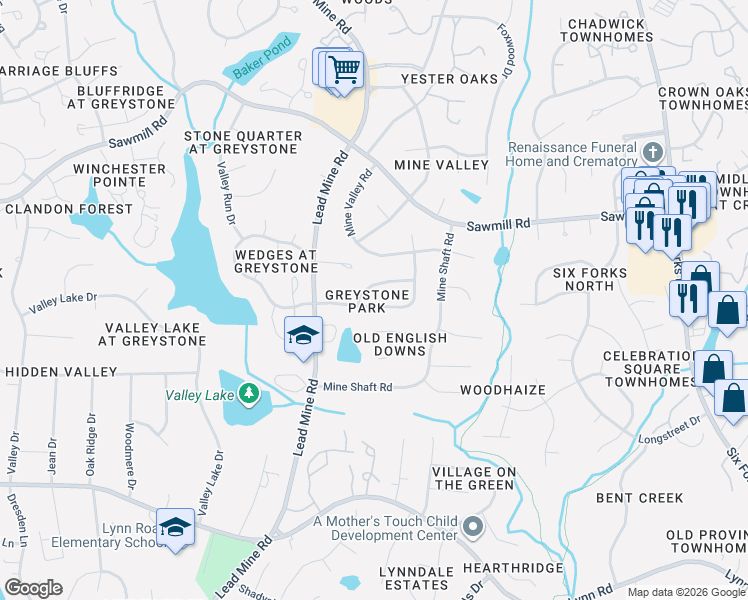 map of restaurants, bars, coffee shops, grocery stores, and more near 1213 Wedgeland Drive in Raleigh