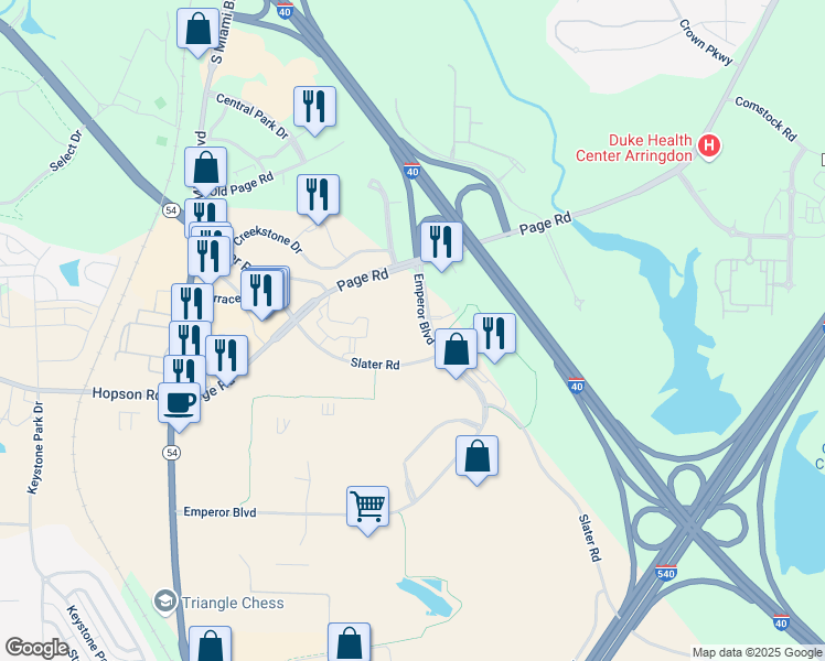 map of restaurants, bars, coffee shops, grocery stores, and more near 4815 Emperor Boulevard in Durham