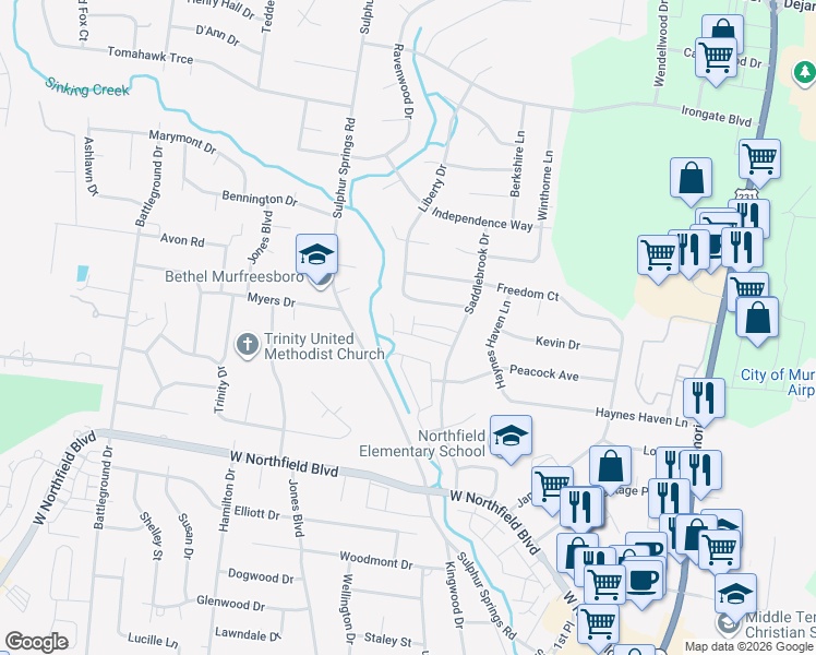 map of restaurants, bars, coffee shops, grocery stores, and more near 684-1502 Sulphur Springs Road in Murfreesboro
