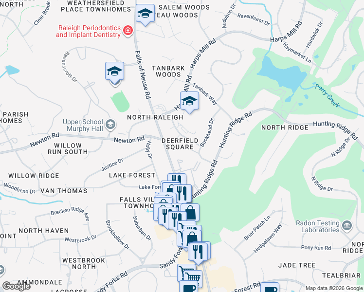 map of restaurants, bars, coffee shops, grocery stores, and more near 1011 Fox Hunt Lane in Raleigh