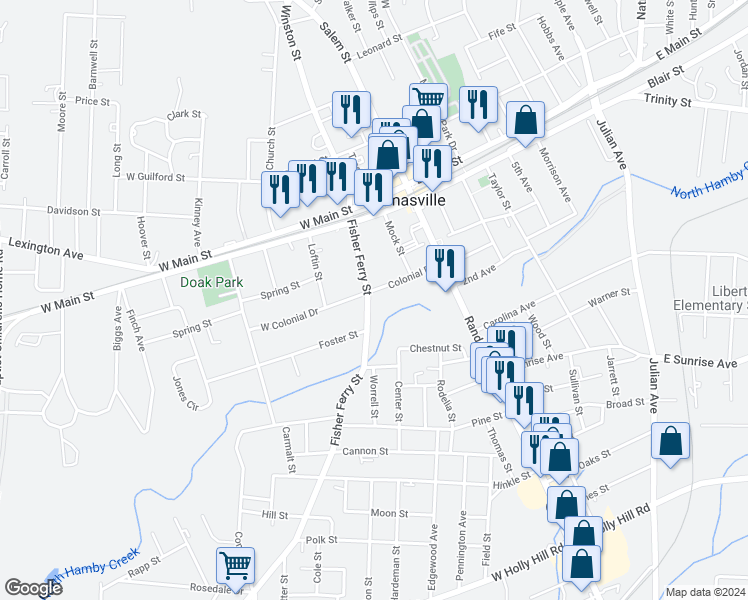 map of restaurants, bars, coffee shops, grocery stores, and more near 101 Fisher Ferry Street in Thomasville