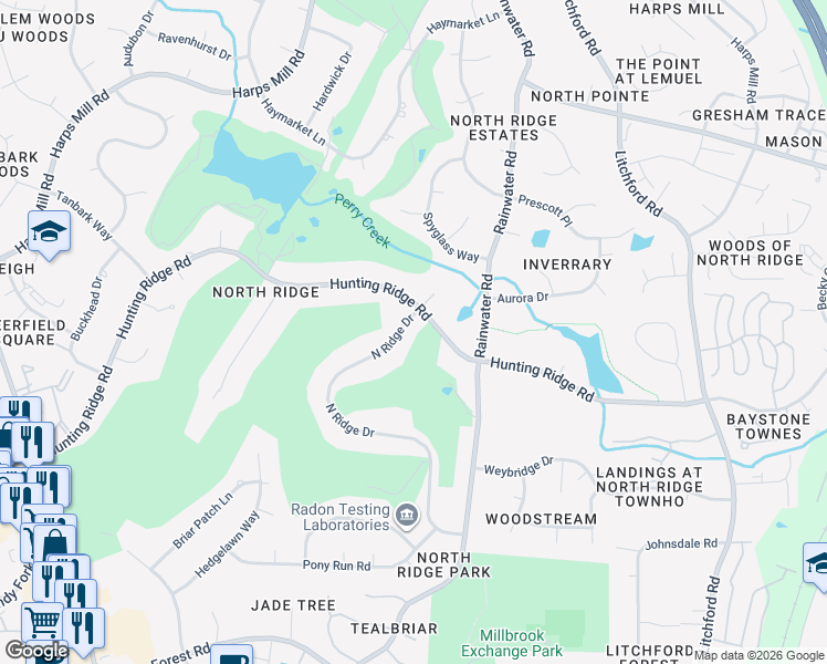 map of restaurants, bars, coffee shops, grocery stores, and more near 7128 North Ridge Drive in Raleigh