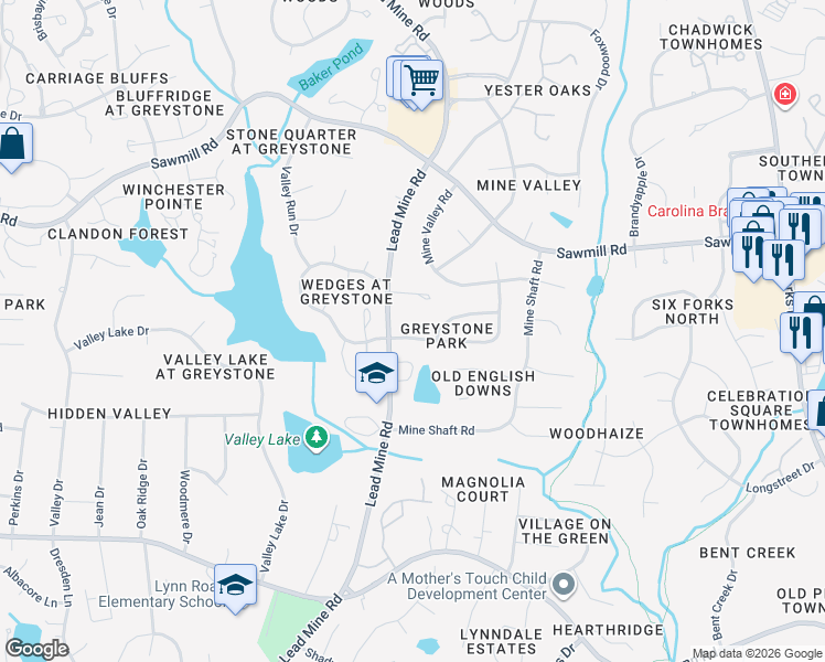 map of restaurants, bars, coffee shops, grocery stores, and more near 1301 Wedgeland Drive in Raleigh