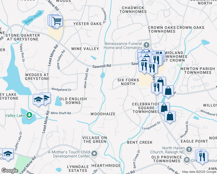 map of restaurants, bars, coffee shops, grocery stores, and more near 1105 Mockingbird Drive in Raleigh