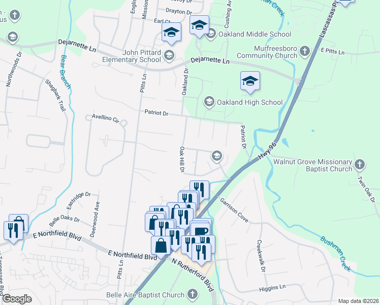 map of restaurants, bars, coffee shops, grocery stores, and more near 2523 Claymore Run in Murfreesboro