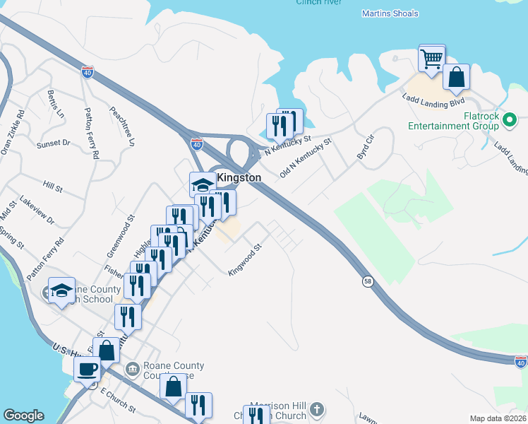 map of restaurants, bars, coffee shops, grocery stores, and more near 1001 Fairgrounds Court in Kingston