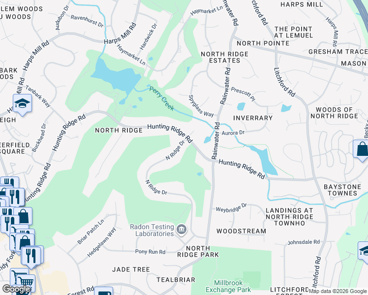 map of restaurants, bars, coffee shops, grocery stores, and more near 7145 North Ridge Drive in Raleigh