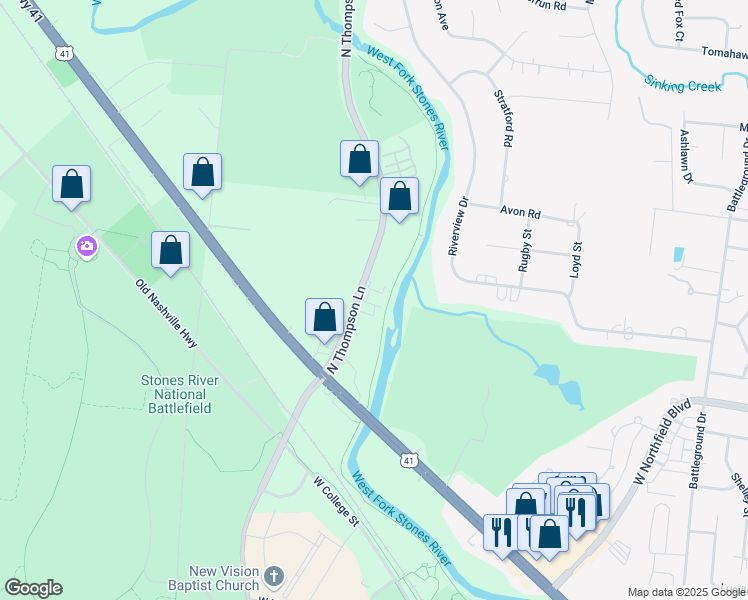 map of restaurants, bars, coffee shops, grocery stores, and more near 2130 North Thompson Lane in Murfreesboro