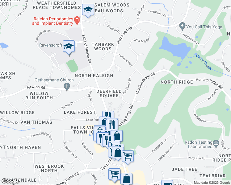 map of restaurants, bars, coffee shops, grocery stores, and more near 6963 Staghorn Lane in Raleigh
