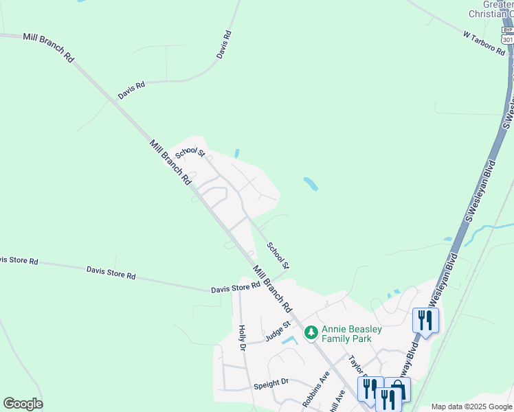 map of restaurants, bars, coffee shops, grocery stores, and more near 5121 Buck Run Court in Rocky Mount