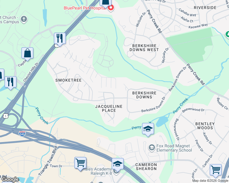map of restaurants, bars, coffee shops, grocery stores, and more near 7803 South Nebraska Drive in Raleigh