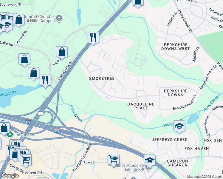 map of restaurants, bars, coffee shops, grocery stores, and more near 7212 Nicolson Court in Raleigh