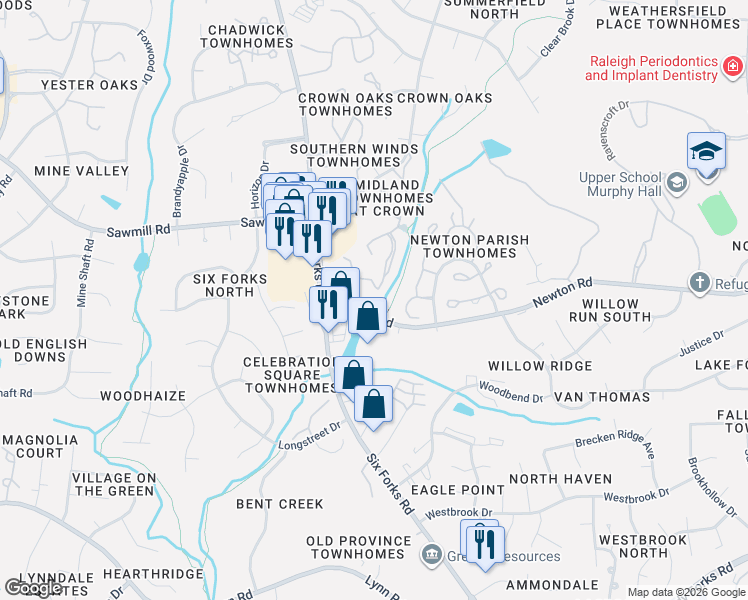 map of restaurants, bars, coffee shops, grocery stores, and more near 297 Sandy Creek Drive in Raleigh