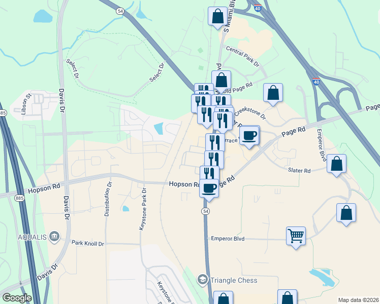 map of restaurants, bars, coffee shops, grocery stores, and more near Terrace Pine Drive in Durham