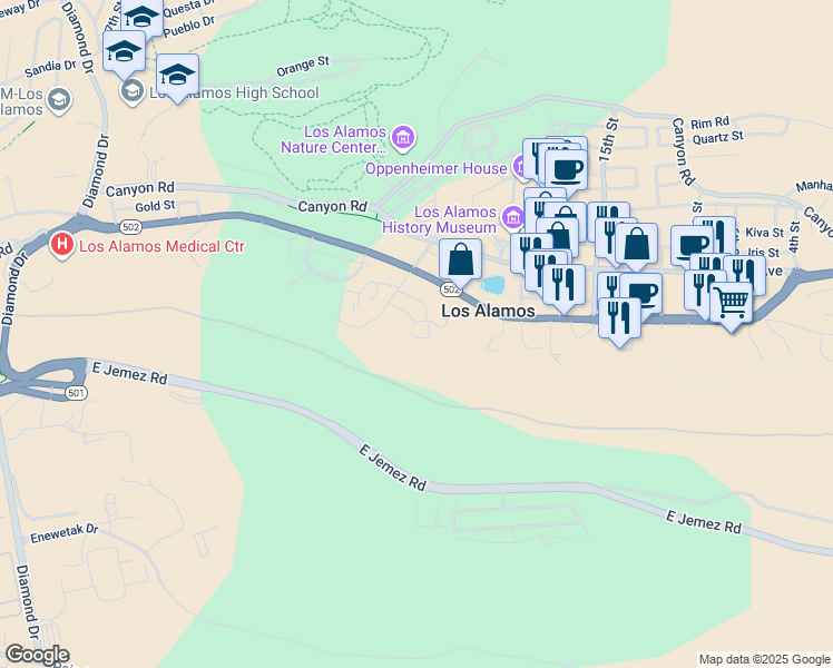 map of restaurants, bars, coffee shops, grocery stores, and more near 75 Loma Vista Drive in Los Alamos