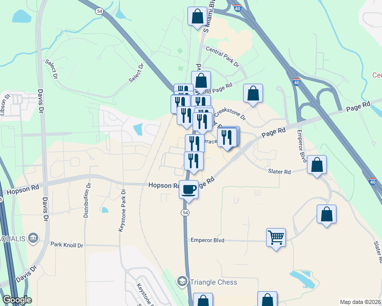map of restaurants, bars, coffee shops, grocery stores, and more near 5412 South Miami Boulevard in Durham