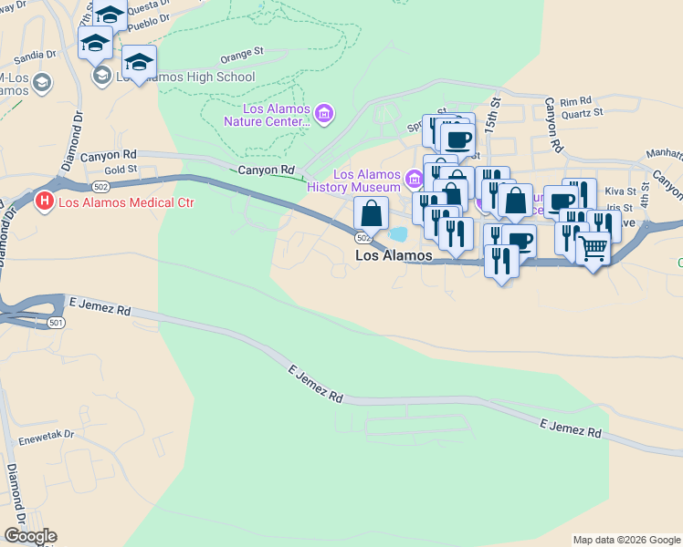 map of restaurants, bars, coffee shops, grocery stores, and more near 1 Loma Vista Street in Los Alamos