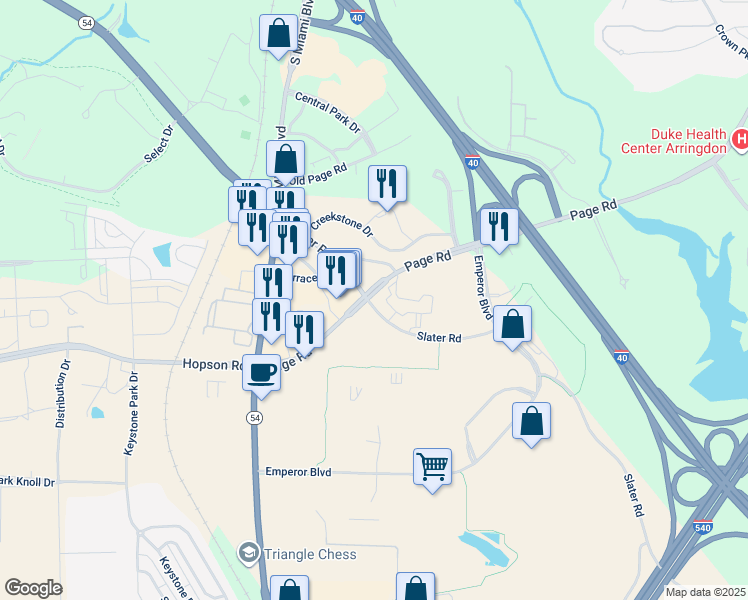 map of restaurants, bars, coffee shops, grocery stores, and more near 1060 Slater Road in Durham