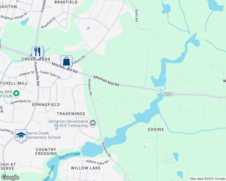 map of restaurants, bars, coffee shops, grocery stores, and more near 4312 Mitchell Mill Road in Wake Forest