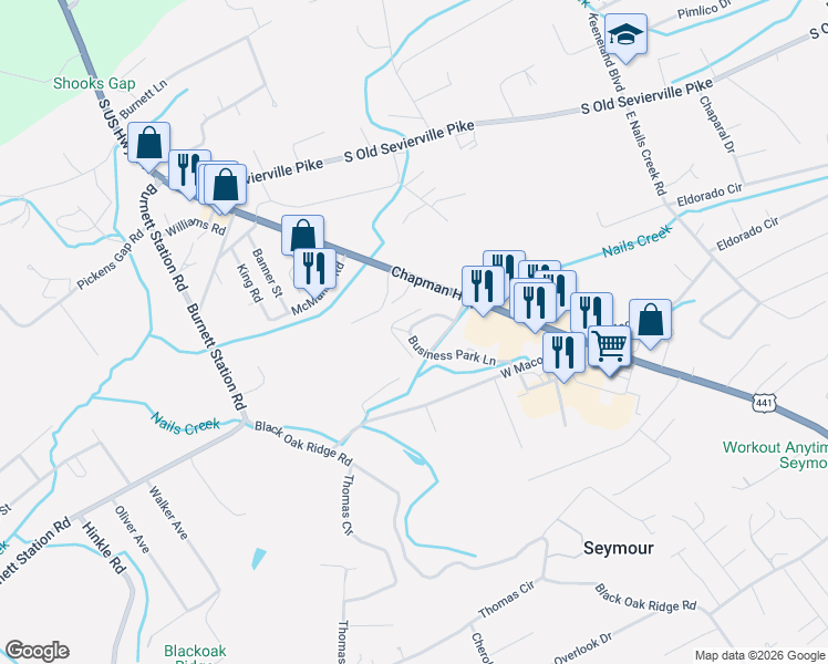 map of restaurants, bars, coffee shops, grocery stores, and more near 141 Creekwood Way in Seymour