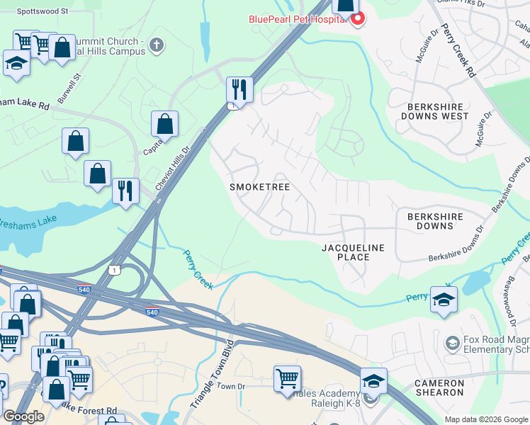 map of restaurants, bars, coffee shops, grocery stores, and more near 4504 Draper Road in Raleigh