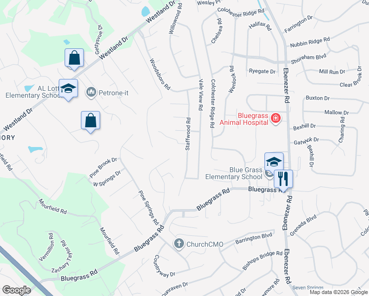 map of restaurants, bars, coffee shops, grocery stores, and more near 9200 Manor Crest Lane in Knoxville