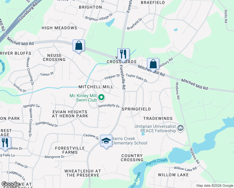 map of restaurants, bars, coffee shops, grocery stores, and more near 3625 Deering Drive in Raleigh